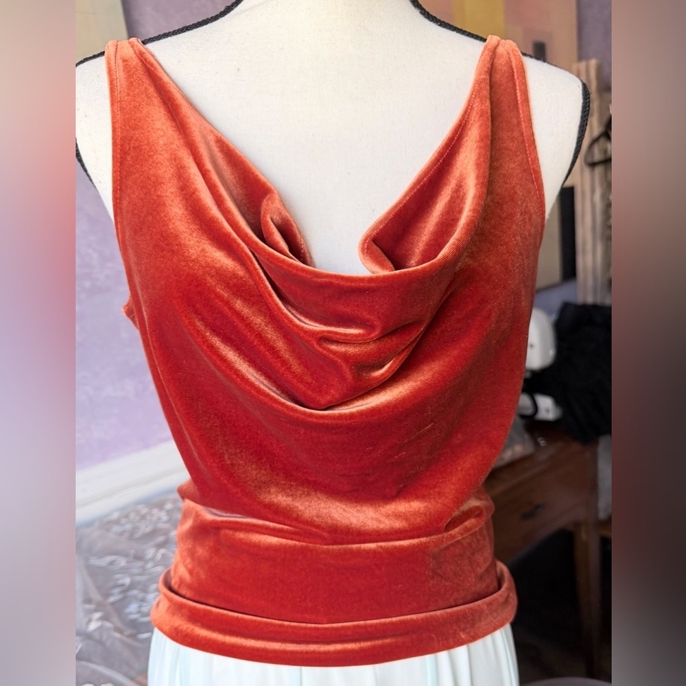 SZ M Bruno Deluc Burnt Orange Velvet Cowl Neck Drape Top